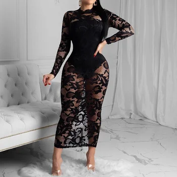 

Transparent Lace Sexy Bodycon Long Dress Women Set Two Pieces Set Summer Black Strapless Bodysuits Maxi Dresses Suits Nightclub