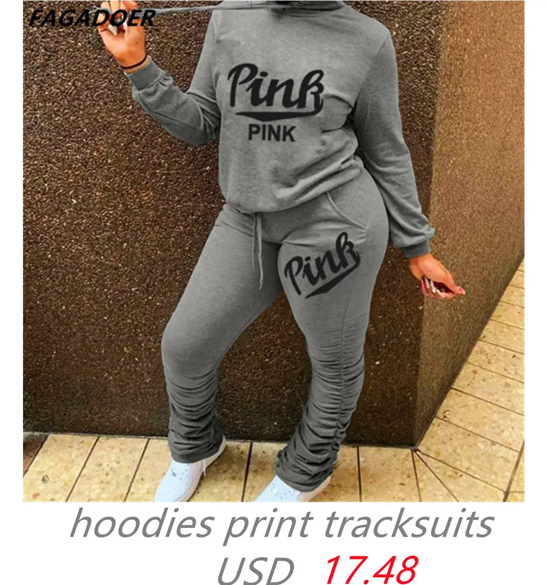 pant suits for older ladies FAGADOER Pink Letter Print Hoodies Sweatsuits Spring/Fall Women Two Piece Set Crop Top And Sweatpants Track Suits 2021 Sportwear short suit set