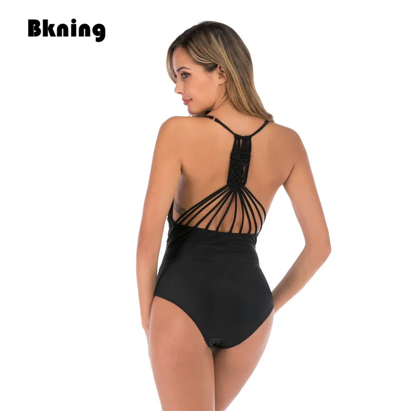 

SEXY Rope Backless Swimsuit One Piece Plus Size Women 2019 Deep V Swim Suit Solid Black with Pads Beach Polyester Big Large 3XL
