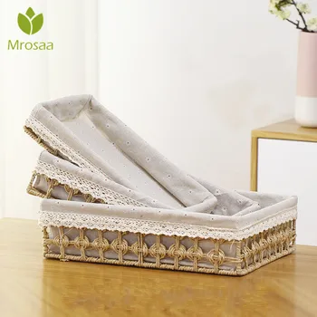 

Rattan Storage Baskets Desktop Tea Set Snacks Straw Storage Box Woven Fabric Box Sundries Storage Basket Household Items 3 Sizes