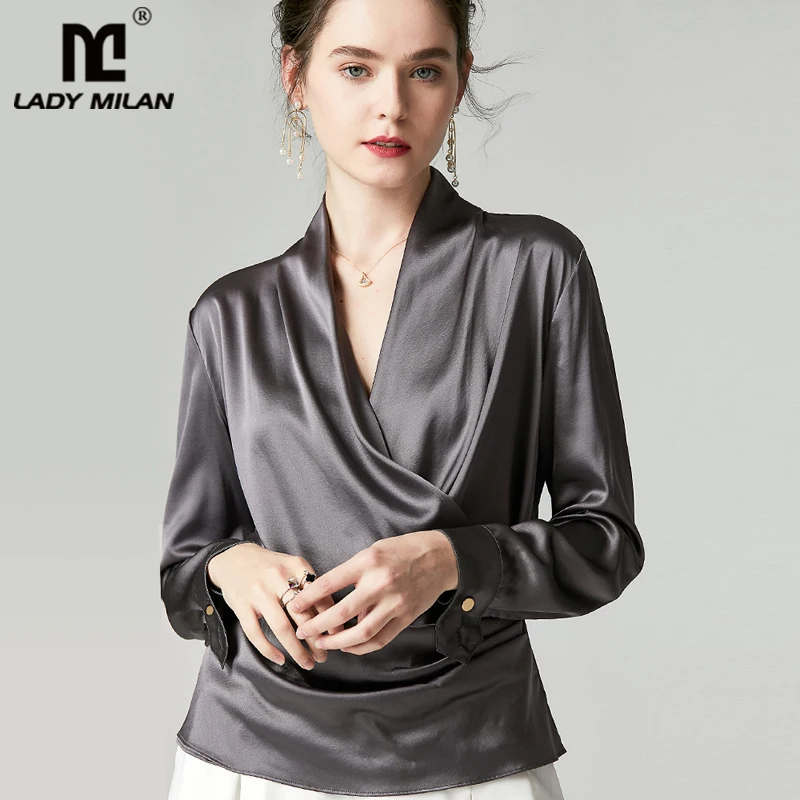 New  Heavy silk white shirt female spring 2020 ?100% Pure Silk Women's Shirts Sexy V Neck Long Sleeves Criss Cross Elegant Fashion Blouse Shirt Top