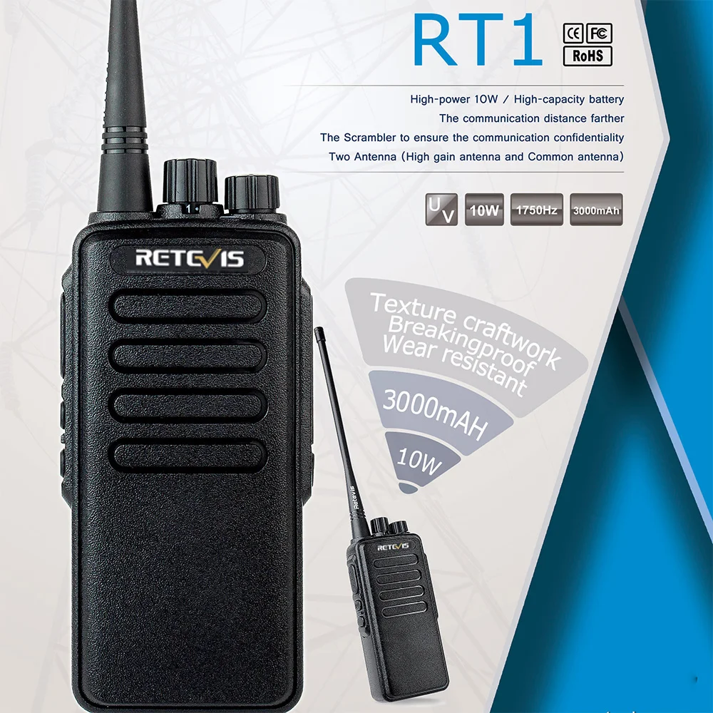 Портативная рация высокой мощности Retevis RT1 VHF (или UHF) 10 шт. 3000 мАч с наушниками