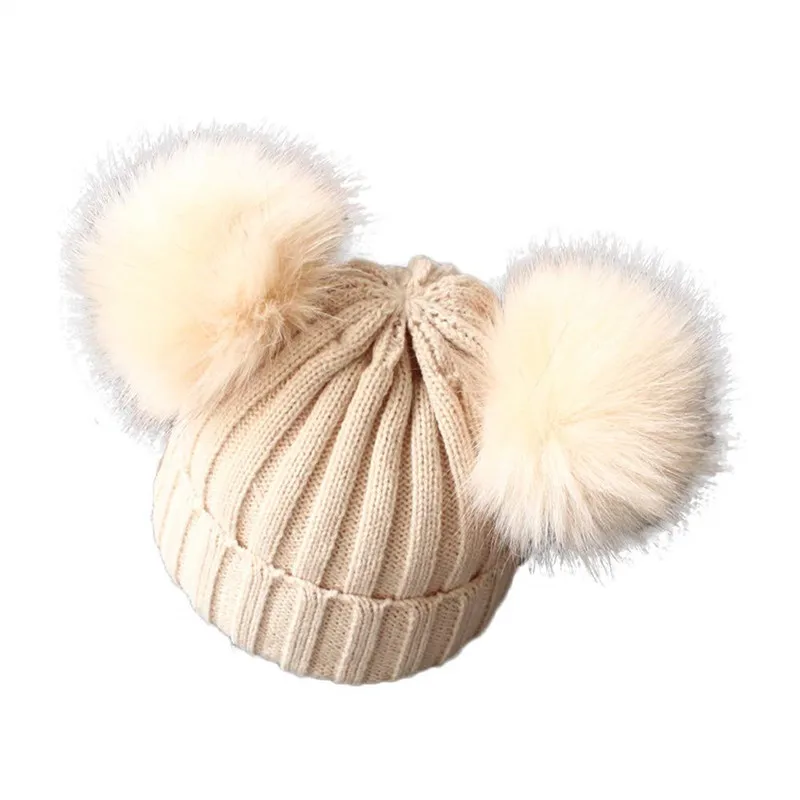 Children's winter infant newborn baby kids faux fur hat beanie with two double pom pom for boys and girl 1-3Y