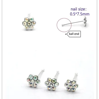 

AB stone flower nose studs earrings sterling silver body piercing jewelry 20pcs one set