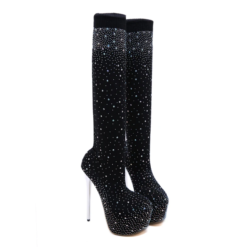 

Fall Boots Women Crystal Stretch Fabric Sock Boots 16cm Heel Over the Knee Boots Black Platform Shoes Autumn Ladies Long Boots