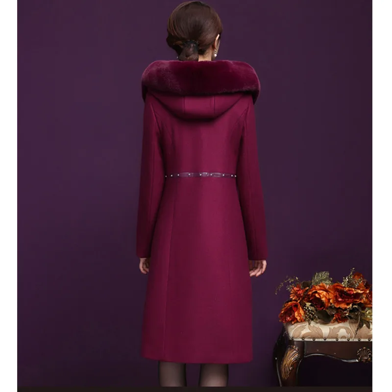 UHYTGF Quality cashmere wool coat women fashion fur collar hooded warm long jacket autumn winter woolen coat women plus size 442