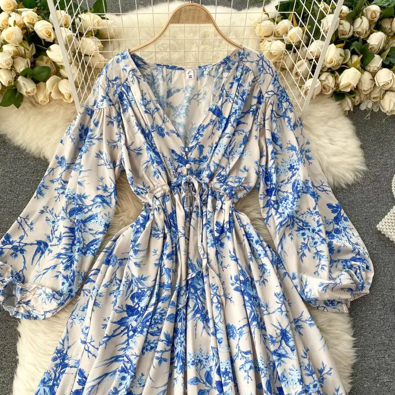 Lady New Fashion Print Autumn Dress Draw Rope Thin Long Sleeve Women V Neck Elegant Vintage Vestidos Mujer J25