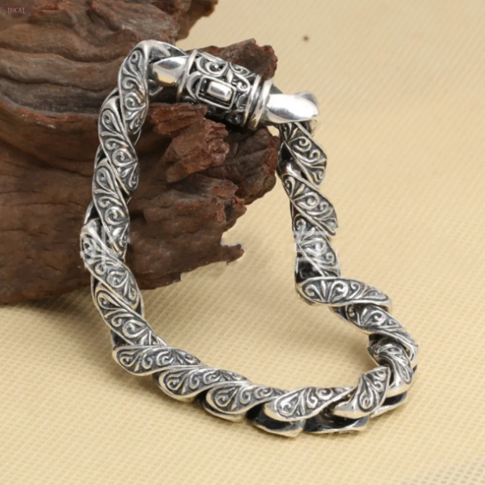 S925 стерлингового серебра персонализированные ювелирные изделия ретро тайские серебряные мужские деньги полная резьба круглый браслет из бамбука для мужчин