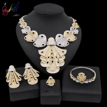 شراءYulaili أحدث مجوهرات الزفاف الزفاف مجموعات فاخرة نغمتين زركون Bowknot قلادة تشيكوسلوفاكيا أقراط سوار خاتم للنساء