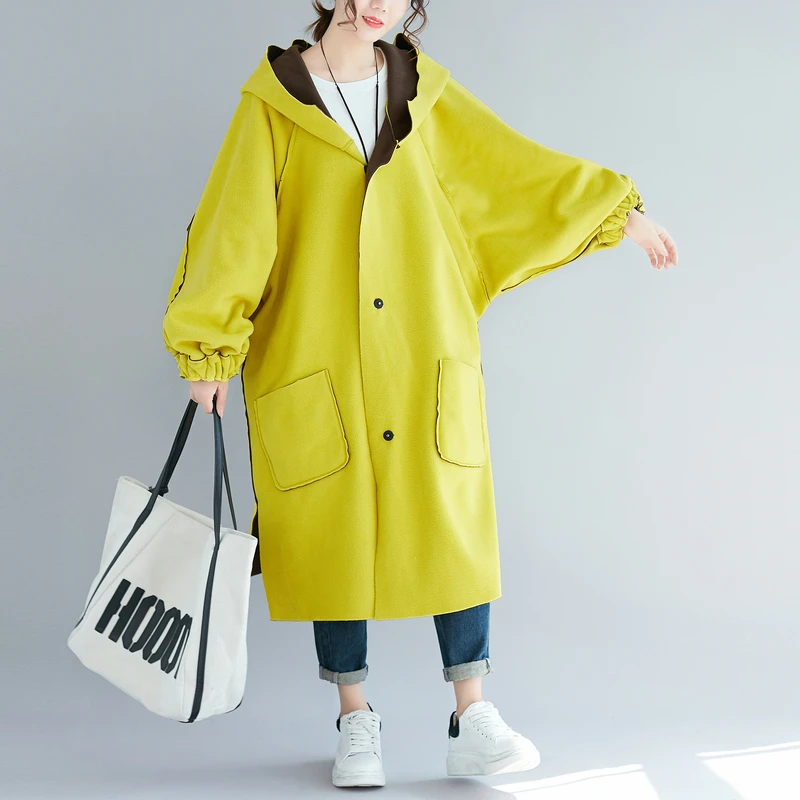 Goedkoop 2019 Lente Herfst Batwing Lange Wollen Jas Plus Size Dikker Fluwelen Jas Vrouwen Oversize Omkeerbare Slijtage Fleece Hooded Jassen