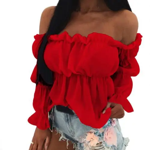 Women Blouse Solid Color Long Sleeve Lace Off Shoulder Ruffled Edges Short Blouse Shirt Ladies Top Clothing блузка женская 2020 blouses & shirts Blouses & Shirts