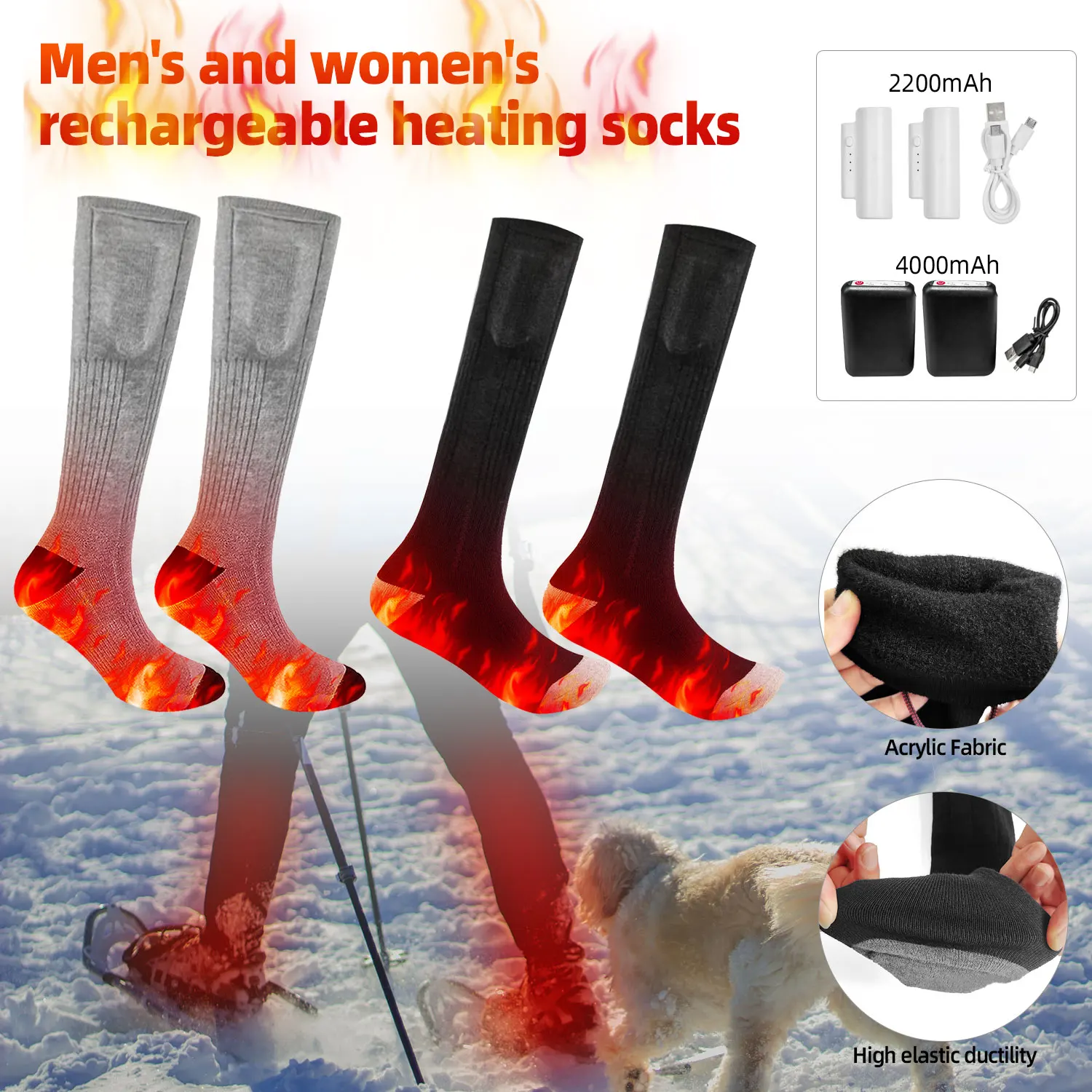 

4000mAh Electric Heated Socks Boot Feet Warmer DC Rechargable Battery Warm Sock 3 Heat Level For Winter Skiing