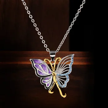 

Beautiful Female 925 Sterling Silver Butterfly Pendant Necklace Purple Enamel Charm Necklace Chain Sweater Necklace for Women
