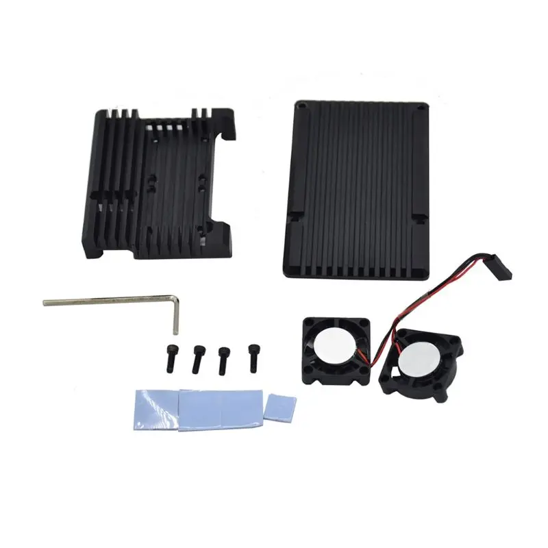 1 Set Aluminum Alloy Metal Case Protective Shell with Dual Cooling Radiator Fan for Raspberry Pi 4 Model B/B - Цвет: Черный