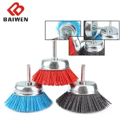 75mm 1/3PC Brosse En Nylon de Tasse Roue Abrasive Brosse 1/4 pouces À Tige Ronde En Métal Bois D'ébavurage Nettoyage Outils Rotatifs 