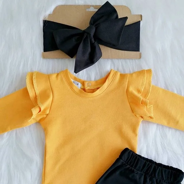 Emmababy, 3 предмета, повседневные однотонные топы с длинными рукавами и рюшами для новорожденных девочек, расклешенные штаны комплект одежды с расклешенными штанами