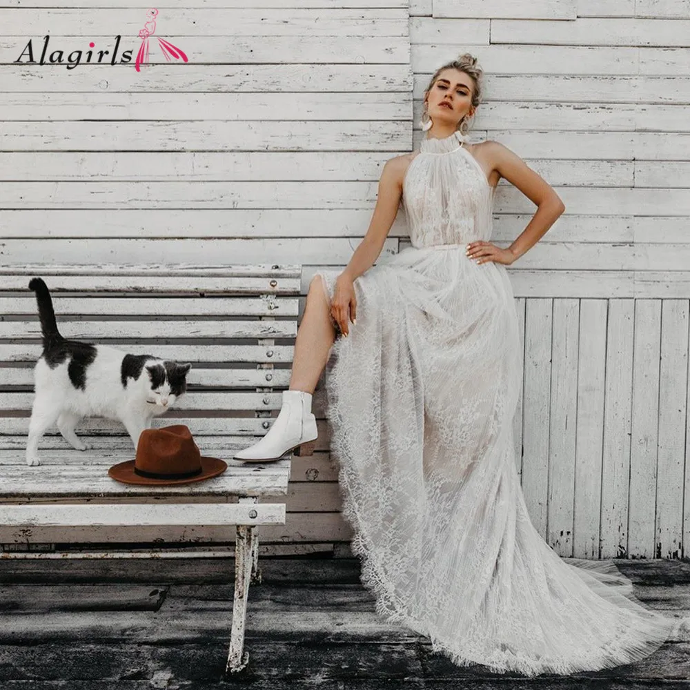 

Sexy Transparent Wedding Dress Boho Halter Sleeveless Open Back Vestidos 2020 Ruched Crochet Tulle Bridal Dress
