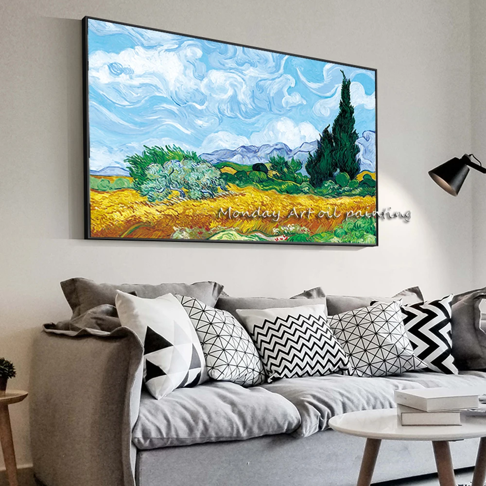 AA Wheatfield-With-Cypresses-By-Van-Gogh-Painting-Replica-On-The-Wall-Impressionist-Landscape-Wall-Art-Canvas副本