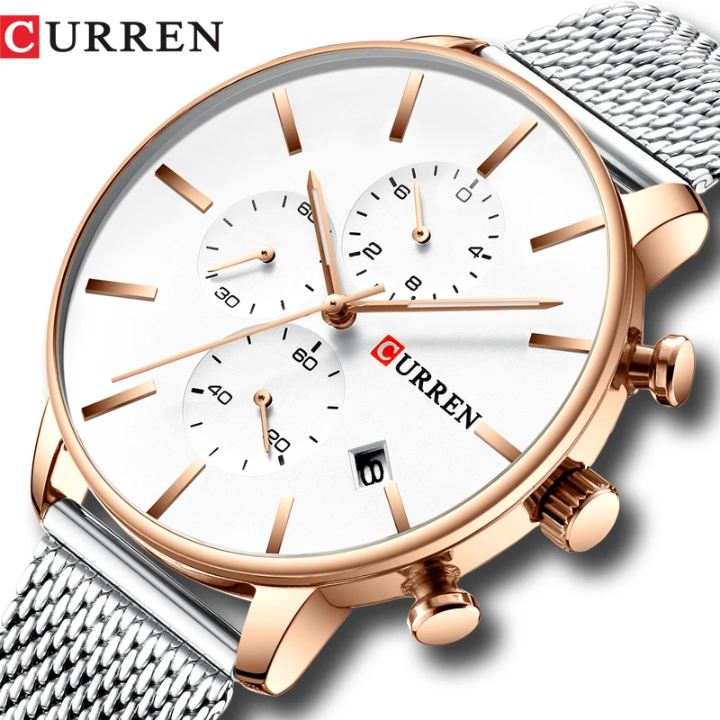 CURREN Mesh Strap Stainless Steel Quartz Watches Men Fashion Casual Male Clock Chronograph and Auto Date Wristwatch Reloj Hombre afbeelding