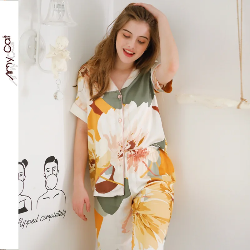 

Summer Women Home wear Lounge clothes short Sleeve flower ink print Pajamas Sets raylon Sleepwear girls