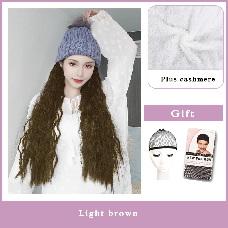 YYOUFU 22 дюйма длинные волнистые волосы с вязаной шляпой модный тренд Кепка с удлинением волос Синтетический парик прикрепленные волосы для женщин - Цвет: ZZM01-B-Y1-2I30