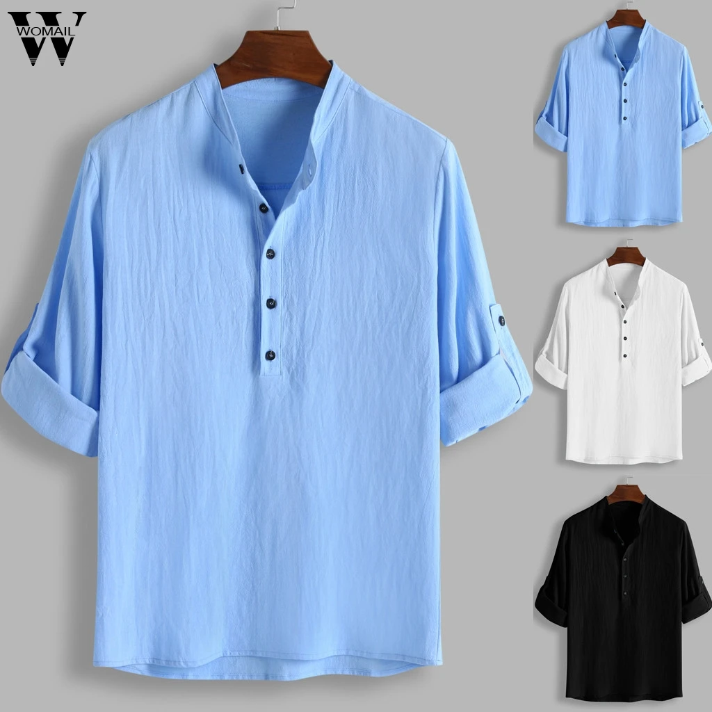 

Womail Shirt Men Shirts Baggy Cotton Linen Solid Color Long Sleeve V Neck Shirts Tops Blouses Cool Breathable men's clothes P925