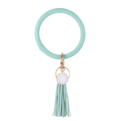 ZG New PU Leather O Bracelet KeyChains Circle Cute Same Color Tassel Wristlet Keychain Wholesale Women Girls - Цвет: NO.19