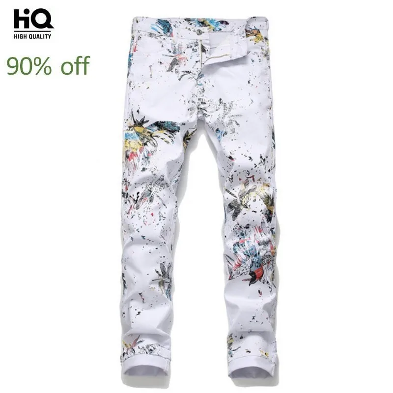 

New Designer Slim Fit White Printed Jeans Men Summer 2020 Fashion Zipper Stretch Elastic Denim Pencil Pants Nightclub Jeans