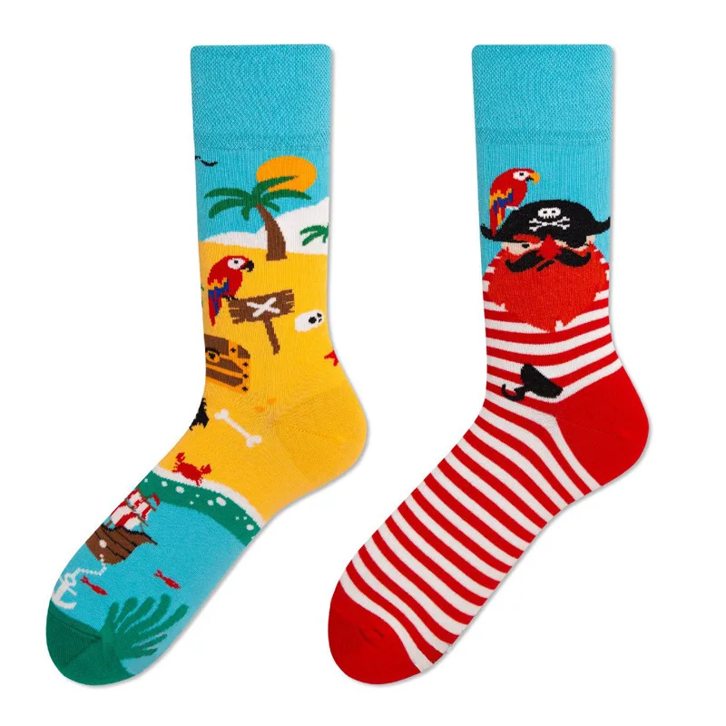 1Pair Male Crew Socks Men Casual Socks Cotton Unique Cartoon Animal Funny Cute Cool Unisex Socks Mid Length Asymmetric AB Socks