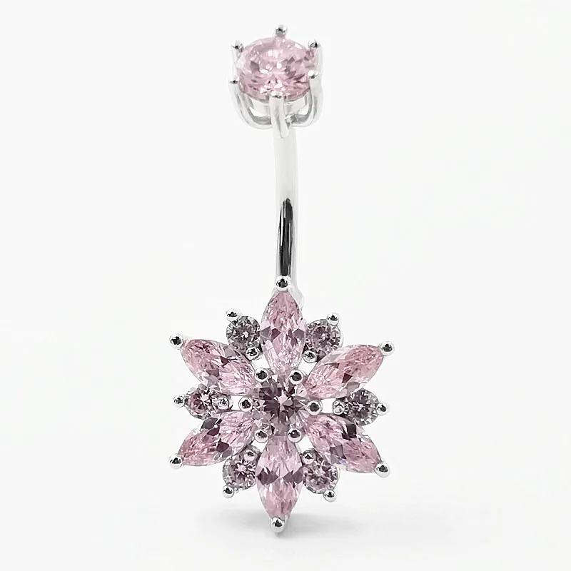 

925 sterling silver belly piercing Button Bar Ring pink flower cubic zircon navel piercing jewelry