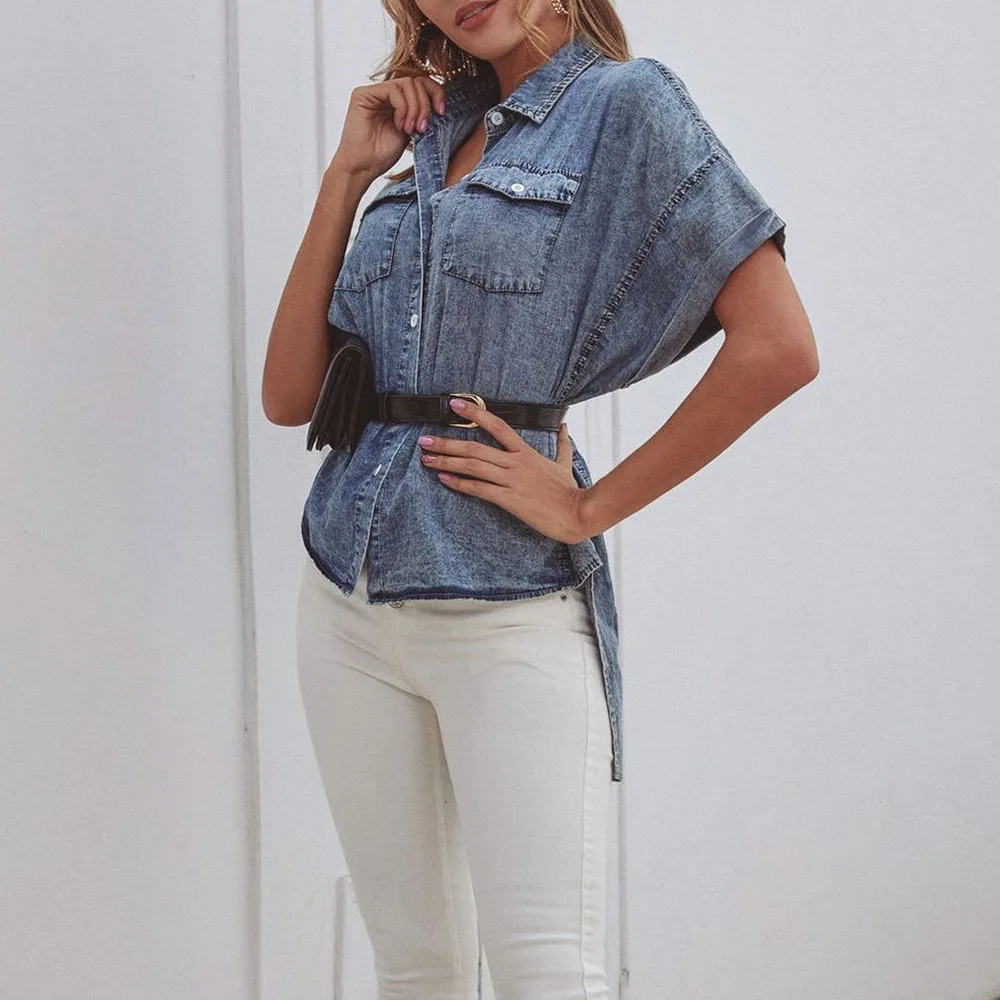 Retro Denim Blouse Fashion Pocket Short Sleeve Blouse Irregular Hem Loose Casual High Street Chic Womens Tops Leisure Blouses