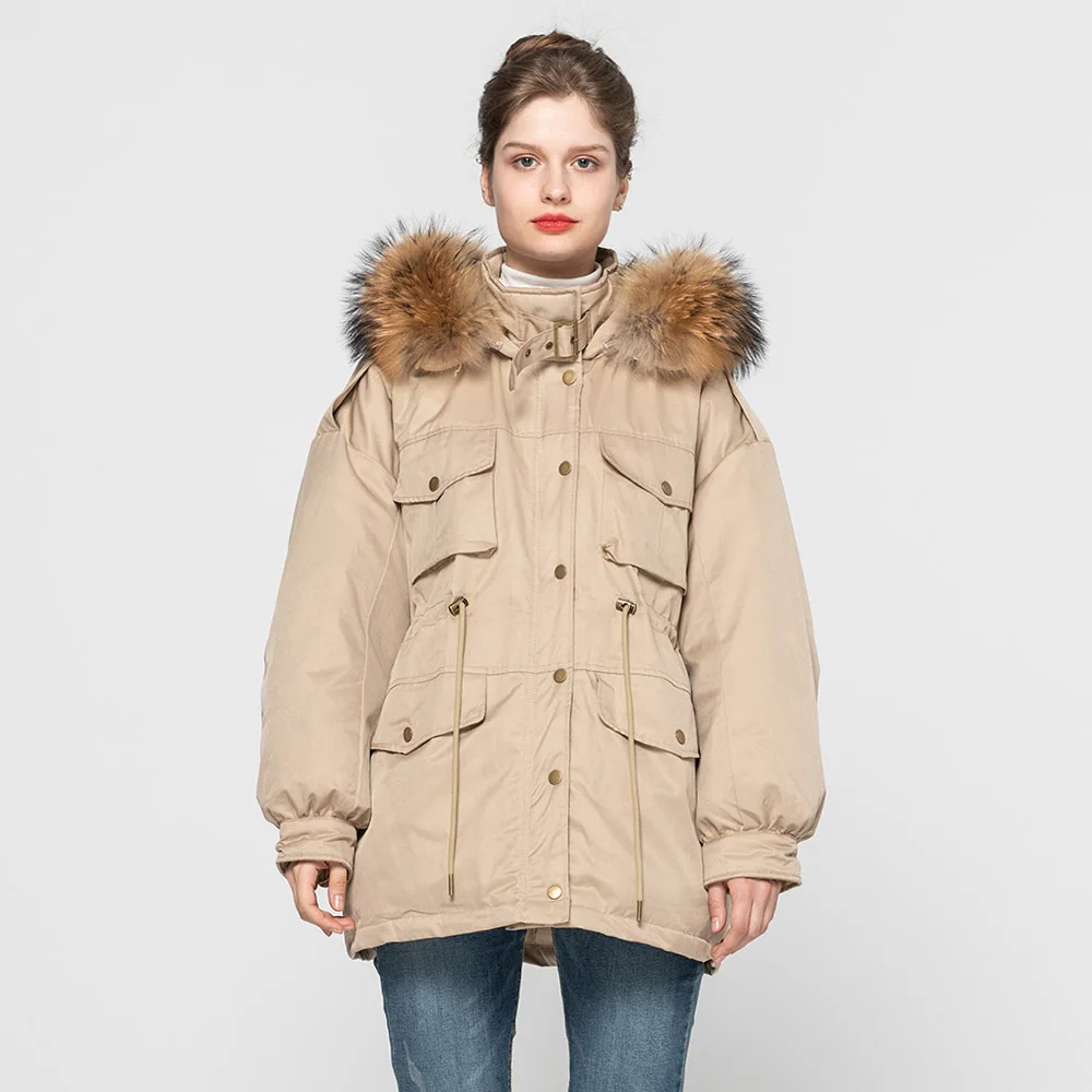 Beige Winter Keep Warm Real Raccoon Fur Collar Down Coats Women Fashion Coat Natural Fur Outerwear S7623 - Цвет: Beige