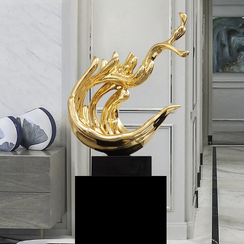 

85cm Modern Plating Gold Silver Wave Shape Abstract Resin Statue Home Crafts Room Decoration Objects Office Hotel Sculpture