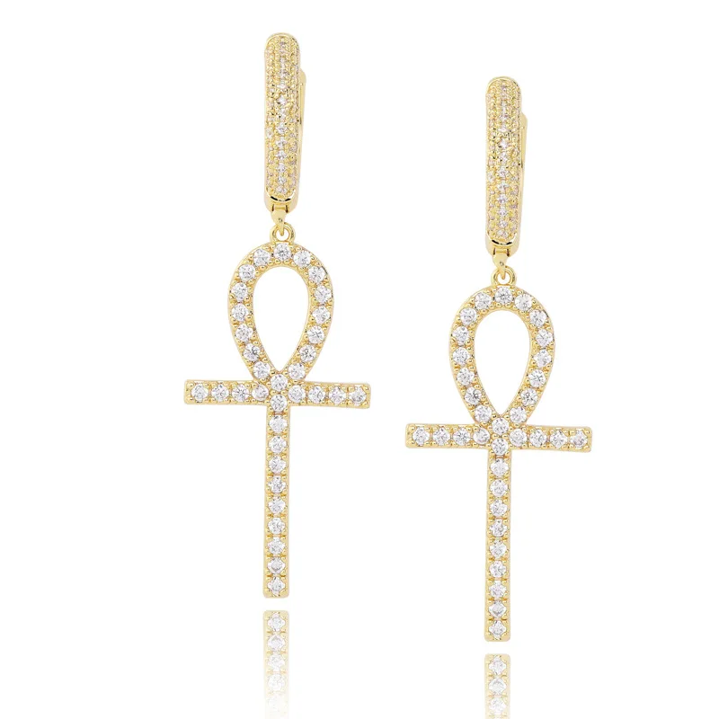 1 пара микро проложили AAA кубический цирконий Bling Iced Out Ankh серьги-кольца с крестиком для женщин мужчин хип-хоп Rappy ювелирные изделия золото серебро - Окраска металла: 1 pair gold