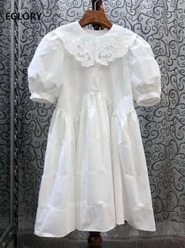

100%Silk Dress 2020 Summer Fashion Ladies Peter Pan Collar Hollow Out Embroidery Short Sleeve Big Swing White Pink Dress Sweet