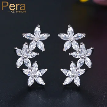 

Pera Romantic Silver Color Jewelry Five Petals Flower Shape Cubic Zirconia Stone Women Earrings for Valentine's Day Gift ER125