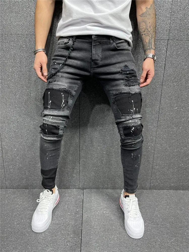 Men Ripped Skinny Jeans Biker Slim-Fit Pencil Pants Locomotive Zipper Denim Pants Hip Hop Trousers men jeans ripped jeans