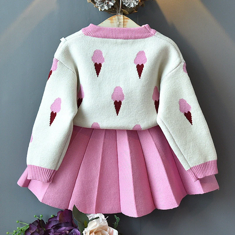 Осенние платья с принтом для девочек, модный свитер с рисунком мороженого Плиссированное Платье, Костюм Костюмы для маленьких девочек из 2 предметов детская одежда милая детская одежда