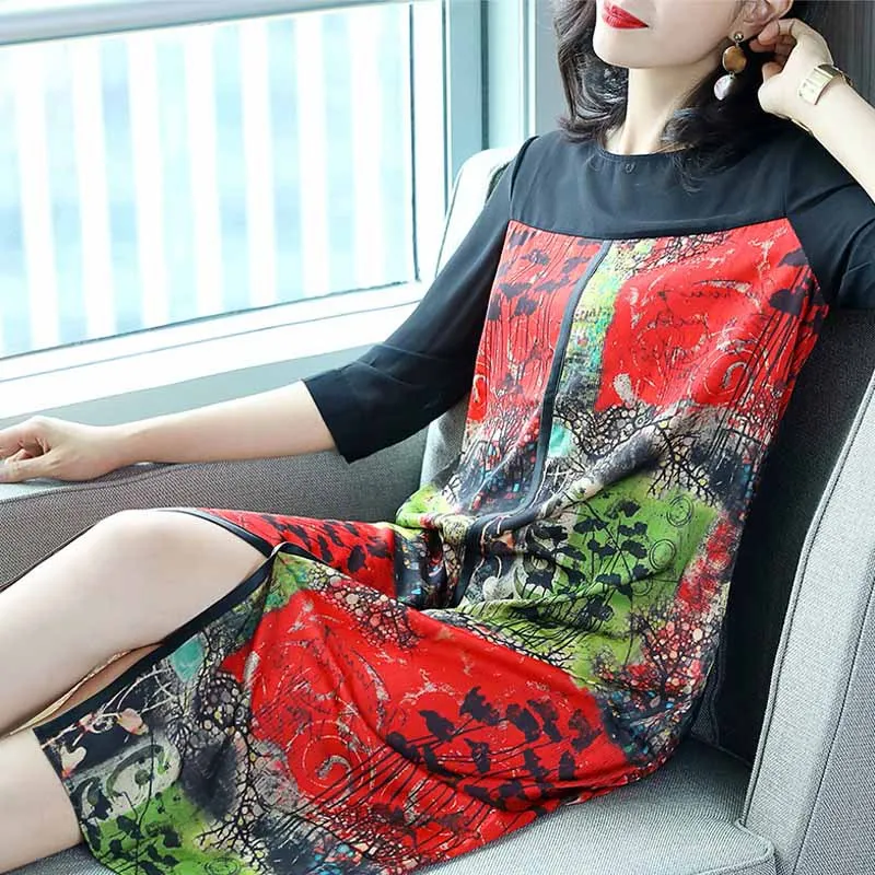 

Ozhouzhan 2019 Spring And Summer New Style WOMEN'S Dress-Style Elegant Joint Floral Printed Dress Three-quarter-length Sleeve Me