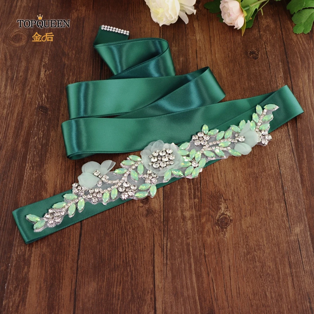 TOPQUEEN S419-G Green Rhinestone Sash Applique Bridal Belt Luxury Wedding Dress Accessories Artificial Flowers Maternity Belt