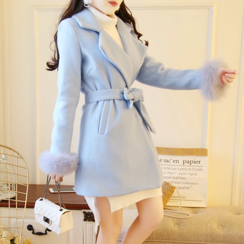 New Winter Women Wool Blends Long Coat Slim! Hairy Sleeve Coats Outerwear White Blue 3219