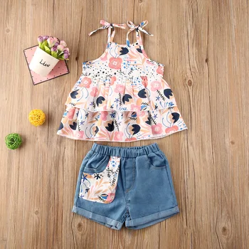 

2020 Summer Toddler Infant Baby Girl Outfit Set Sweet Tracksuit Sling Bandage Sleeveless Top Denim Shorts Floral Print Set