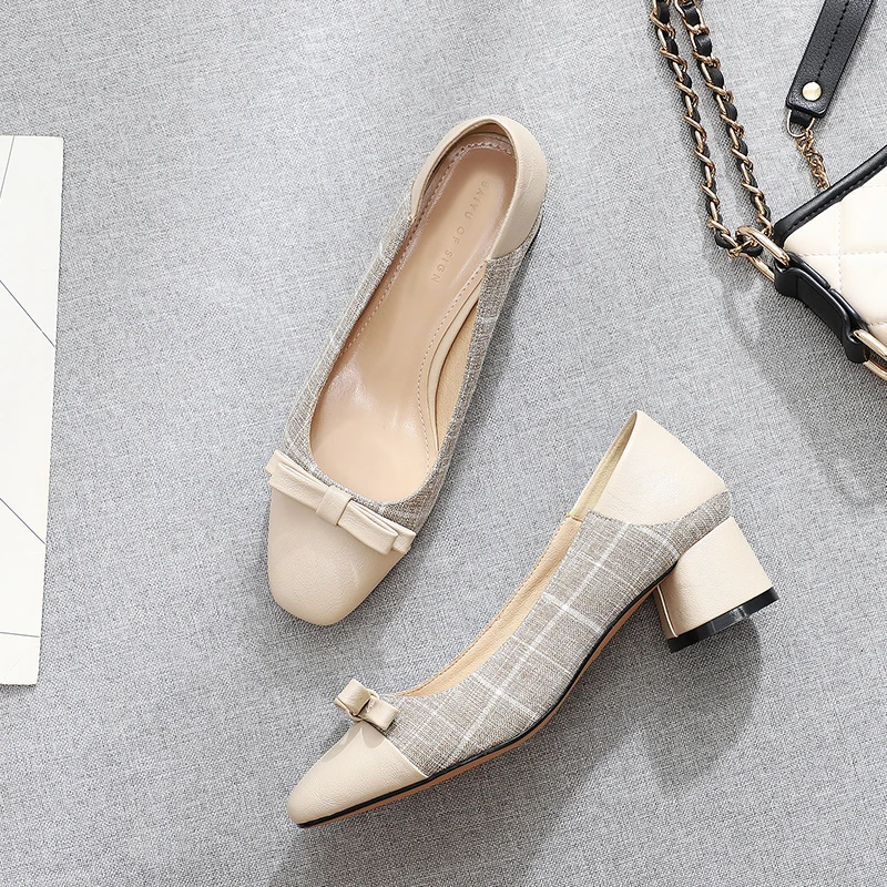 Classic Houndstooth Square High Heels Shoes Woman Women Slip Ons Square Toe Bowtie Elegant Casual Wedding Office Lady Shoes