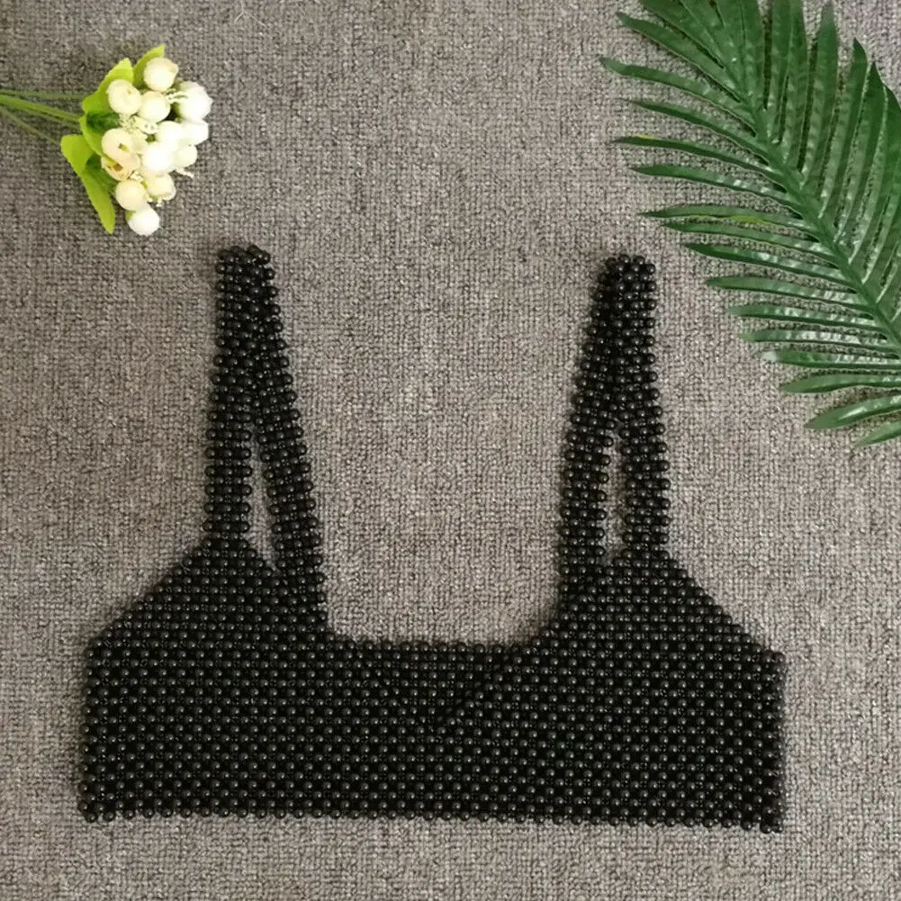 Черный Новинка, Модный женский топ с жемчугом, без рукавов, на бретельках, без рукавов, на бретельках, бюстгальтер, летний укороченный топ, жилет для девушек, на бретельках, топы с жемчугом - Цвет: Черный