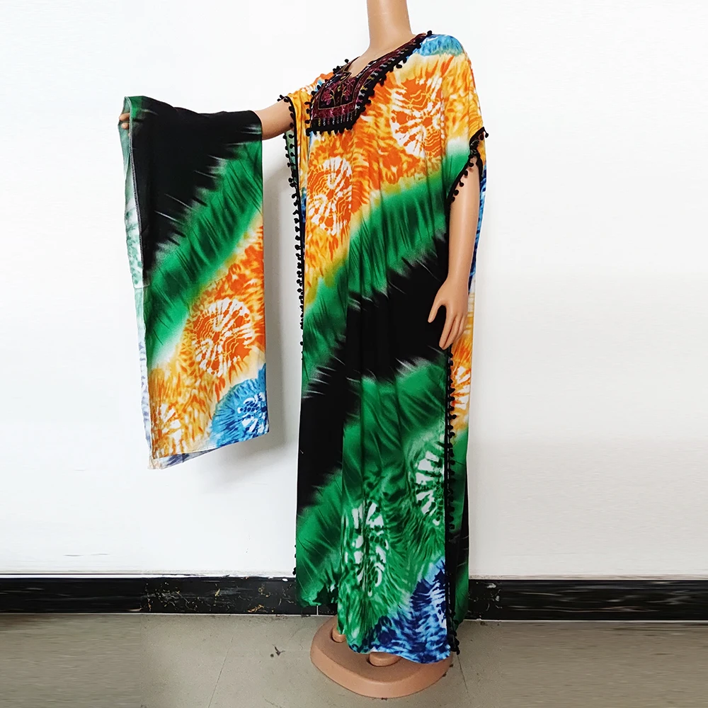 Pompom Multicolored Printed African Dresses for Women O Neck Batwing Sleeve Summer Embroidery Ethnic Style Long Maxi Dress african traditional clothing