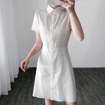 

White Color Women Short Sleeve Linen Dress Single Breasted A-line Turn-down Collar Office Lady Dress