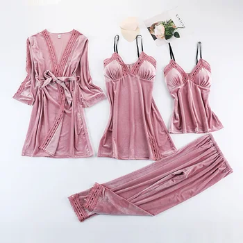

Pink Sexy Women Sleepwear 4PCS Pajamas Set Autumn Full Sleeve Velour Nightwear Loose Solid Sleep Suit Home Wear Strap Top Dress