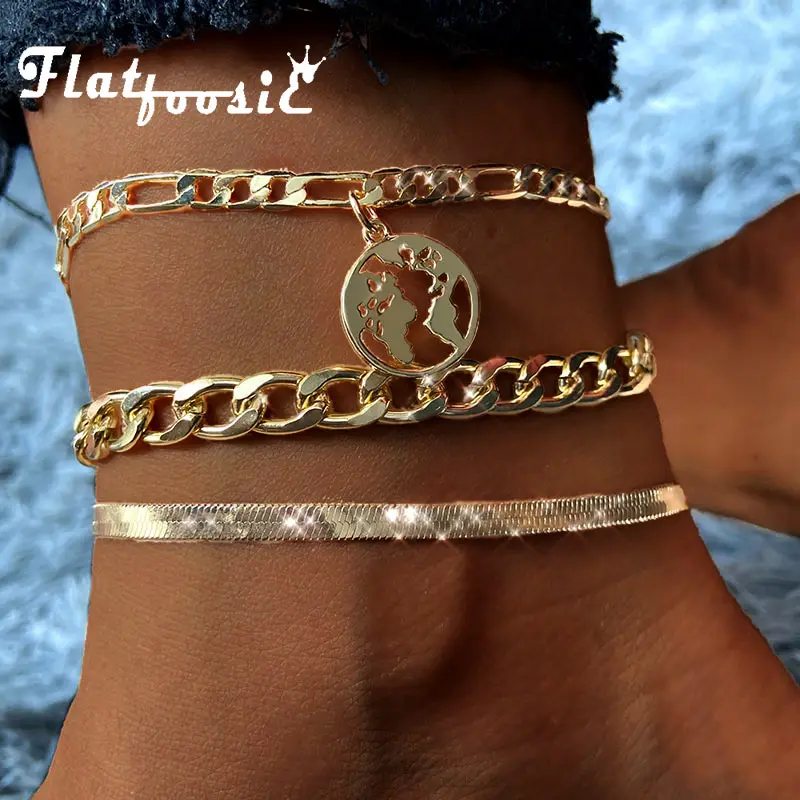 Flatfoosie 3pcs/set Vintage World Map Anklets For Women Gold Silver Color Metal Anklet Bracelet Boho Summer Beach Foot Jewelry Flatfoosie 3pcs/set Vintage World Map Anklets For Women Gold Silver Color Metal Anklet Bracelet Boho Summer Beach Foot Jewelry
