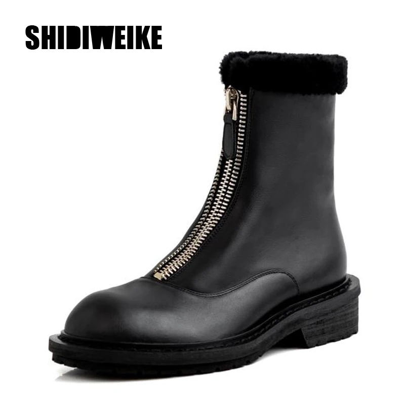 

New Genuine Leather Women Winter Warm Ankle Boots Woman Casual Shoes Round Toe Front Zipper Short Boots J1002