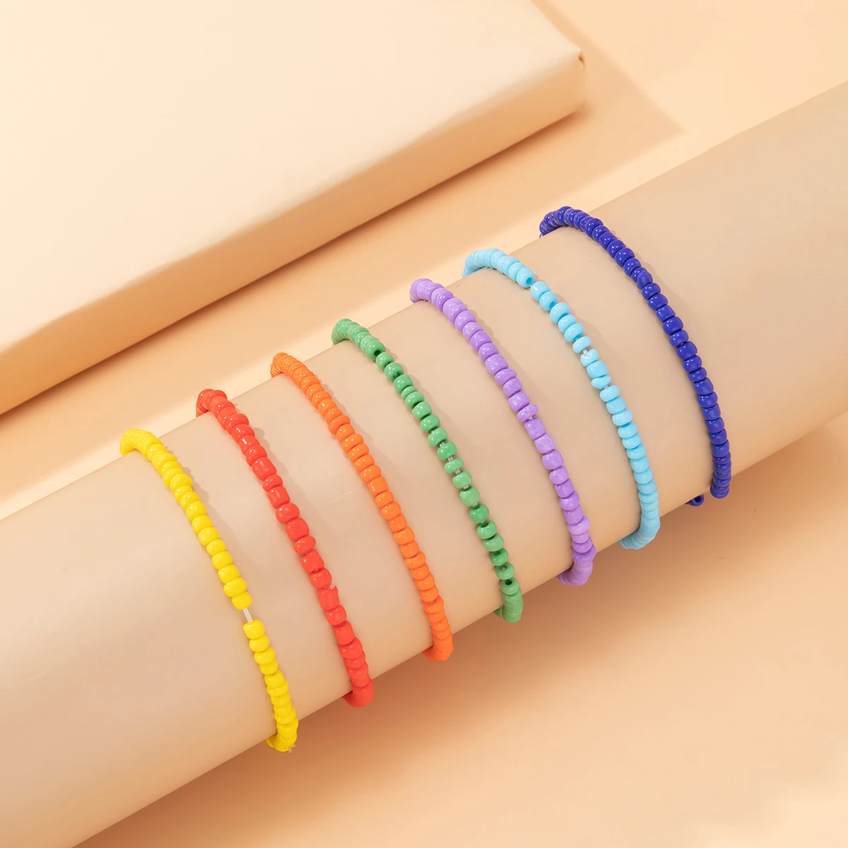 IngeSight.Z 7Pcs/Set Rainbow Beaded Anklet Bracelet for Women Adjustable Colorful Anklets Barefoot Sandals On Foot Ankle Jewelry